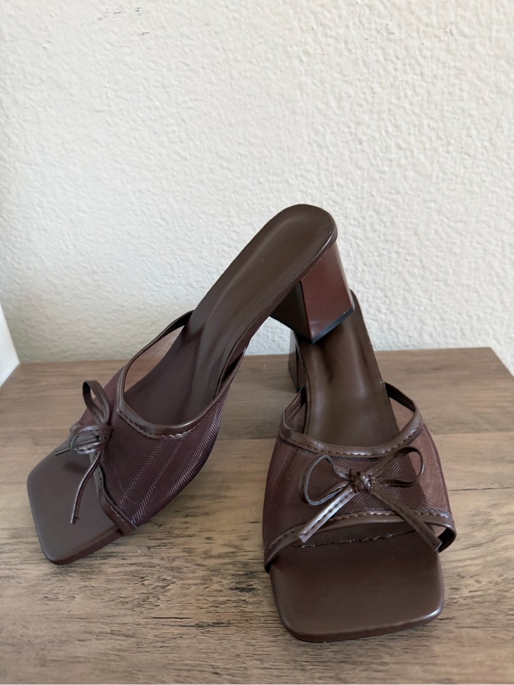 Brown Square-Toe Slip-On Heels with Bow Accent